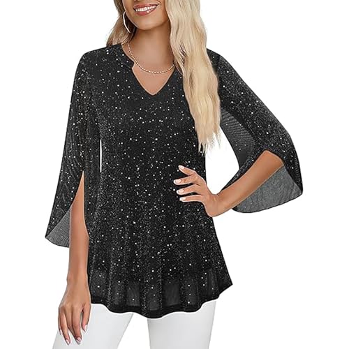 Shimmery Top Sequin Tops for Women Dressy V Neck Ruffle 3/4 Sleeve Sparkly Going Out Top Fall Womens Clothes 2026 Blusas De Verano para Mujer Wardrobe Capsule Woman Over 50 Black - image 2