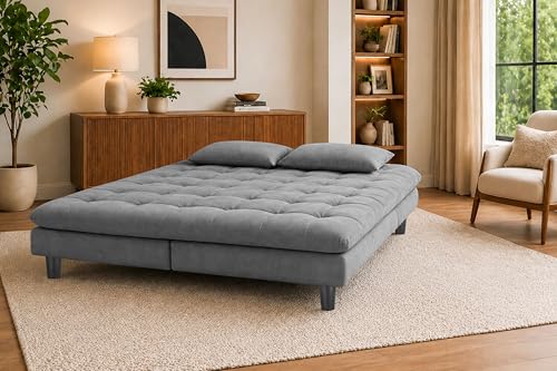 Image of 3 Seater Velvet Sofa Cum Bed, Tufted Convertible Sleeper Couch, Space-Saving Design, Comfortable Cushioned Seating - Grey Color
