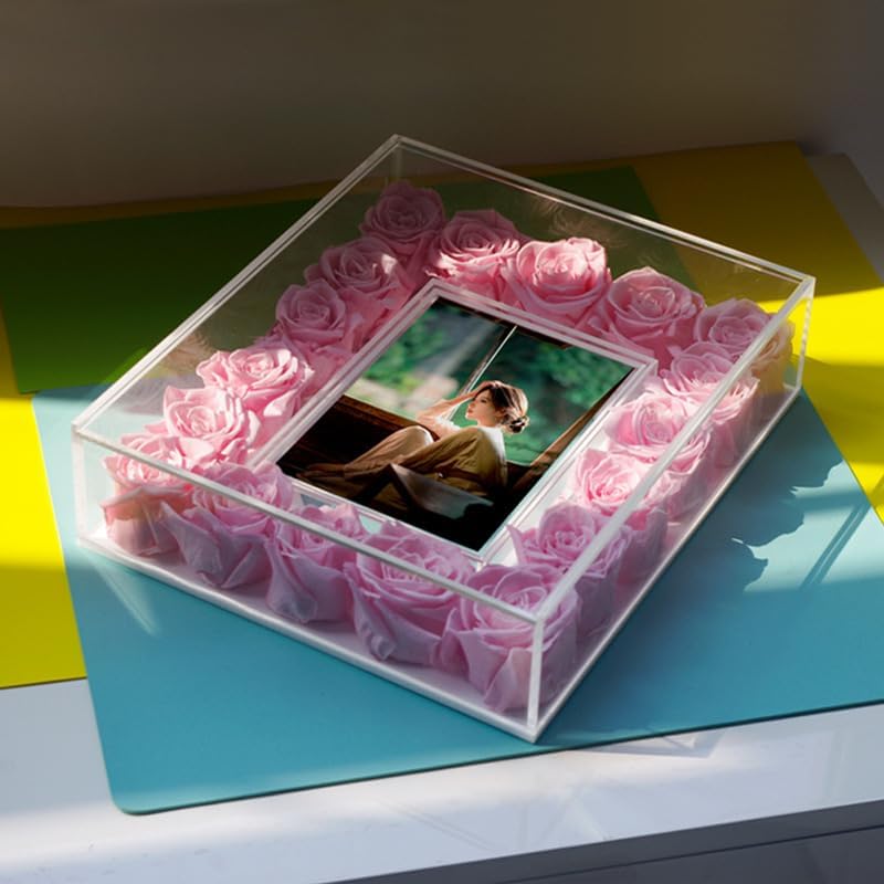 Decorative Acrylic Photo Frame with Pink Rose Border, Clear Display Box, 25x30x6.8 cm, Valentine's Day Gift, Wedding Album