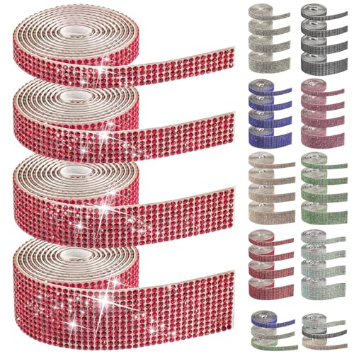Swpeet 4 rouleaux de 4 mesures rouges autocollants, rubans adhésifs avec strass, ruban adhésif avec strass, pour artisanat, décoration de téléphone