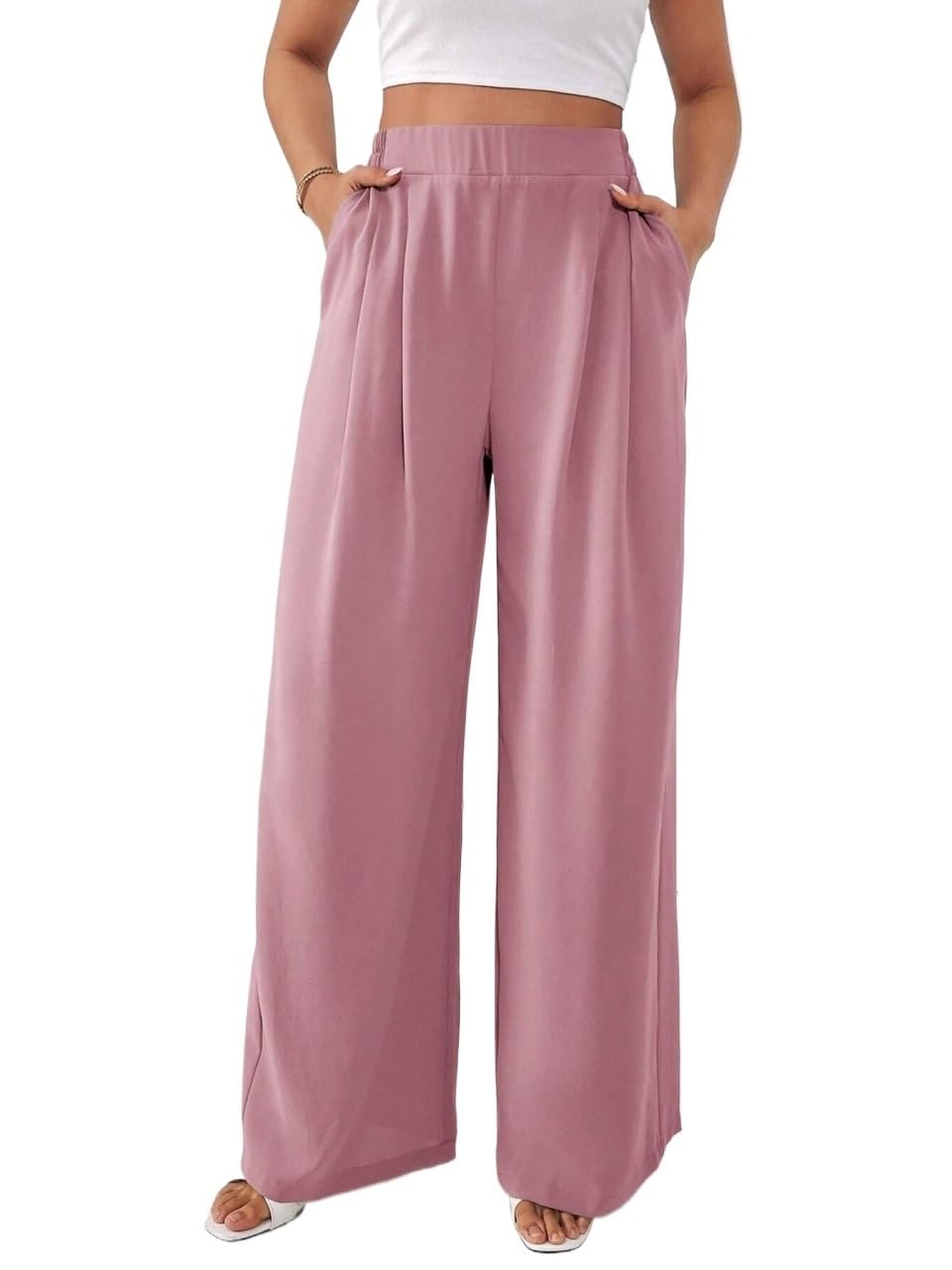 Womens Fall High Waist Solid Color Pleated Loose Casual Pants Trousers