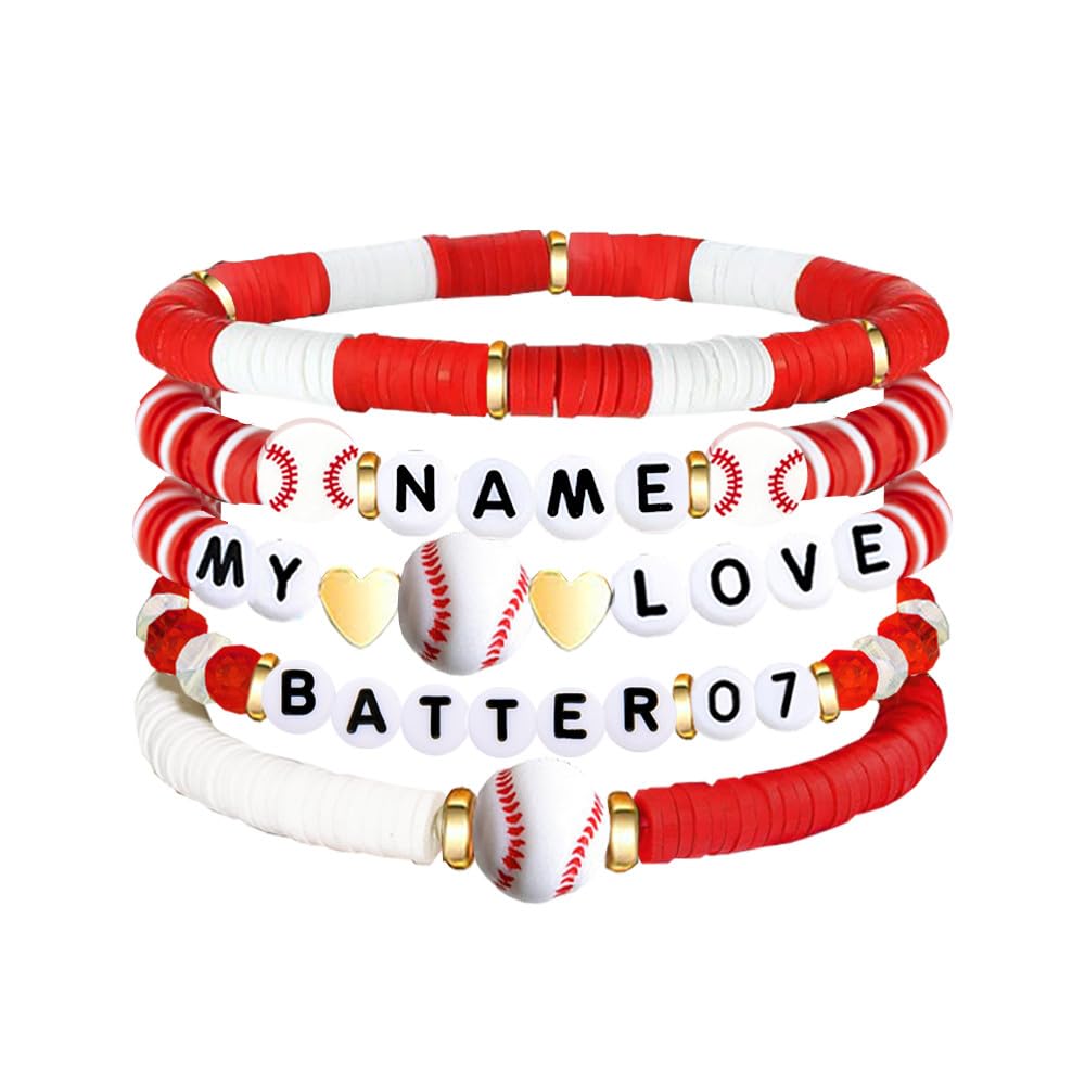 Custom Sports Bracelets Red And White Baseball Bracelet With Customizable Name and Numbers(Baseball)