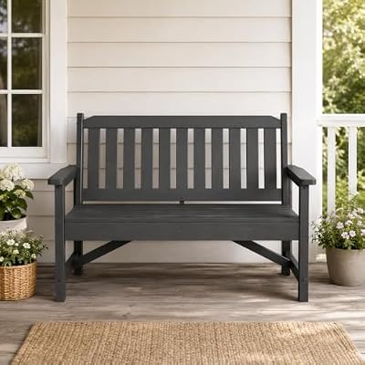 SLEKVERSA Outdoor Bench, HDPE Outdoor Benches Weatherproof, 2-Person Garden Bench Seat with 600 lbs Weight Capacity, Patio Benches for Outdoors, Yard, Garden, Porch, Backyard and Park, Dark Gray