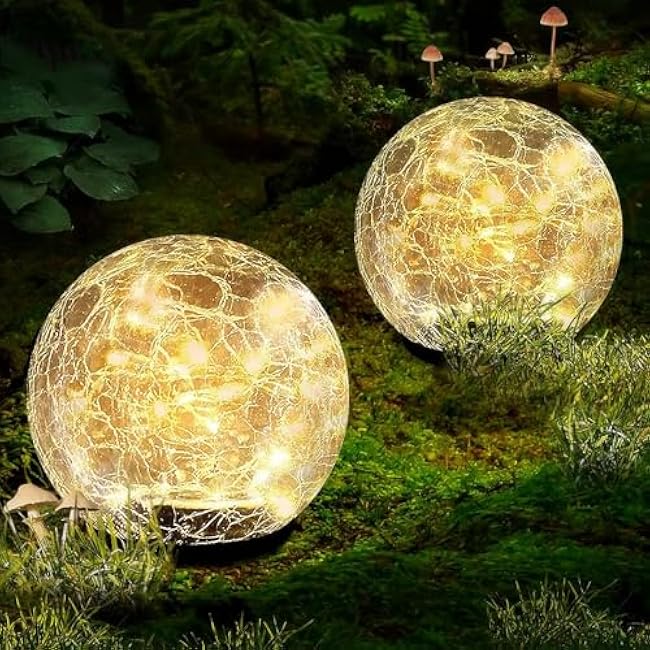 Garden Solar Ball Lights Outdoor Waterproof, 50 LED Cracked Glass Globe Solar Power Ground Lights for Path Yard Patio Lawn, Christmas Decoration Landscape Warm White(2 Pack 4.7'')
