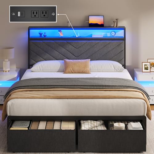 Fluest Full Bed Frame with 2 Drawers, Upholstered Headboard with Storage and Charging Station, LED Lights, Fabric Drawers with Wheels, Under Bed Storage, No Box Spring Needed, Easy Assembly, Grey