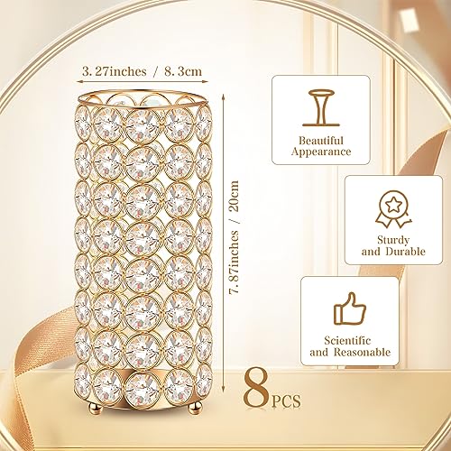 Dandat 8 Pcs Crystal Flower Vase for Wedding Table Centerpieces 7.87 in Crystal Pillar Candle Holder Metal Cylinder Flower Vase Stand for Christmas Wedding Decor Gifts Arrangement Event(Gold) - Image 3