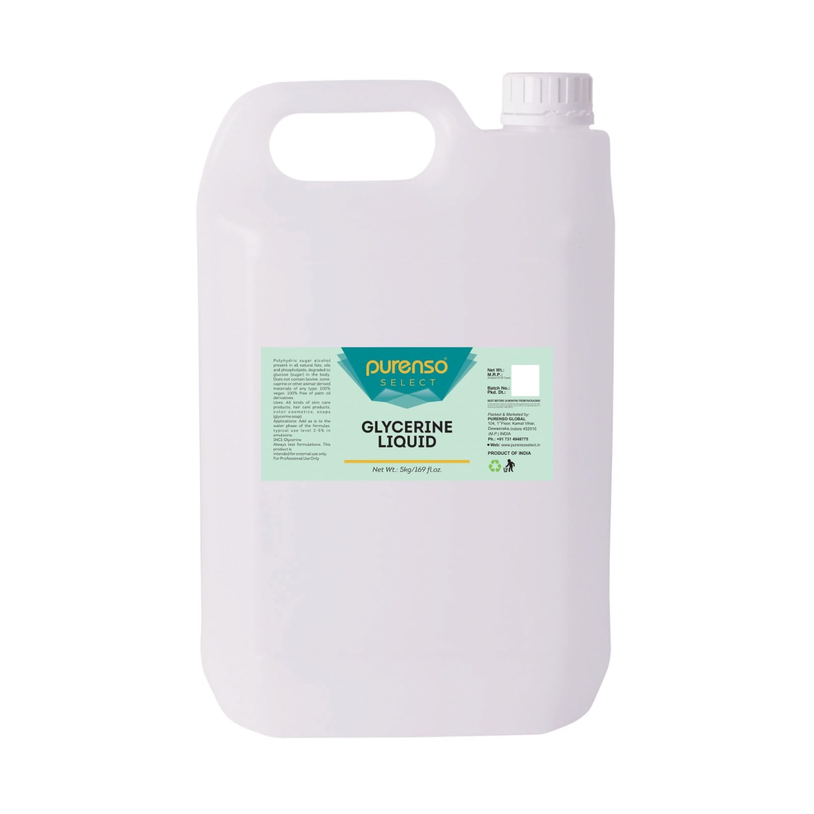 Purenso Select - Glycerine, 5Kg I Sustainable Food Grade Vegetable Glycerine - Pharmaceutical Grade Glycerin for Skin, Hair, Crafts, Soaps - Vegetable Glycerol Liquid - Humectant