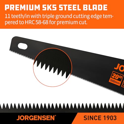 JORGENSEN 20 Inch Black Coated Pro Hand Saw, 11 TPI Fine-Cut Ergonomic Non-Slip Aluminum Ultrasonic Welding Handle for Sawing, Trimming, Gardening, Woodworking, Drywall, Plastic Pipes - Image 3