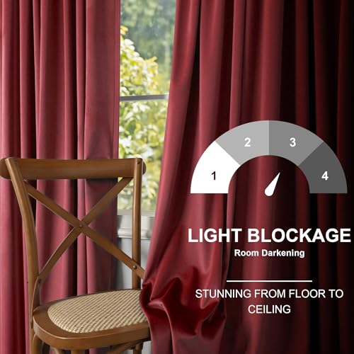 Image of Dark Red Velvet Curtains 96 Inches Long 2 Panels for Living Room Darkening Thermal Soundproof Thick Heavy Solid Textured Drapes for Master Bedroom Patio Door Doorway Room Dividers Decoration Burgundy