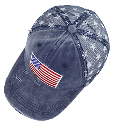 Image of American Flag Trucker Hat for Men Women, Adjustable Vintage Embroidery Washed Distressed USA Baseball Cap