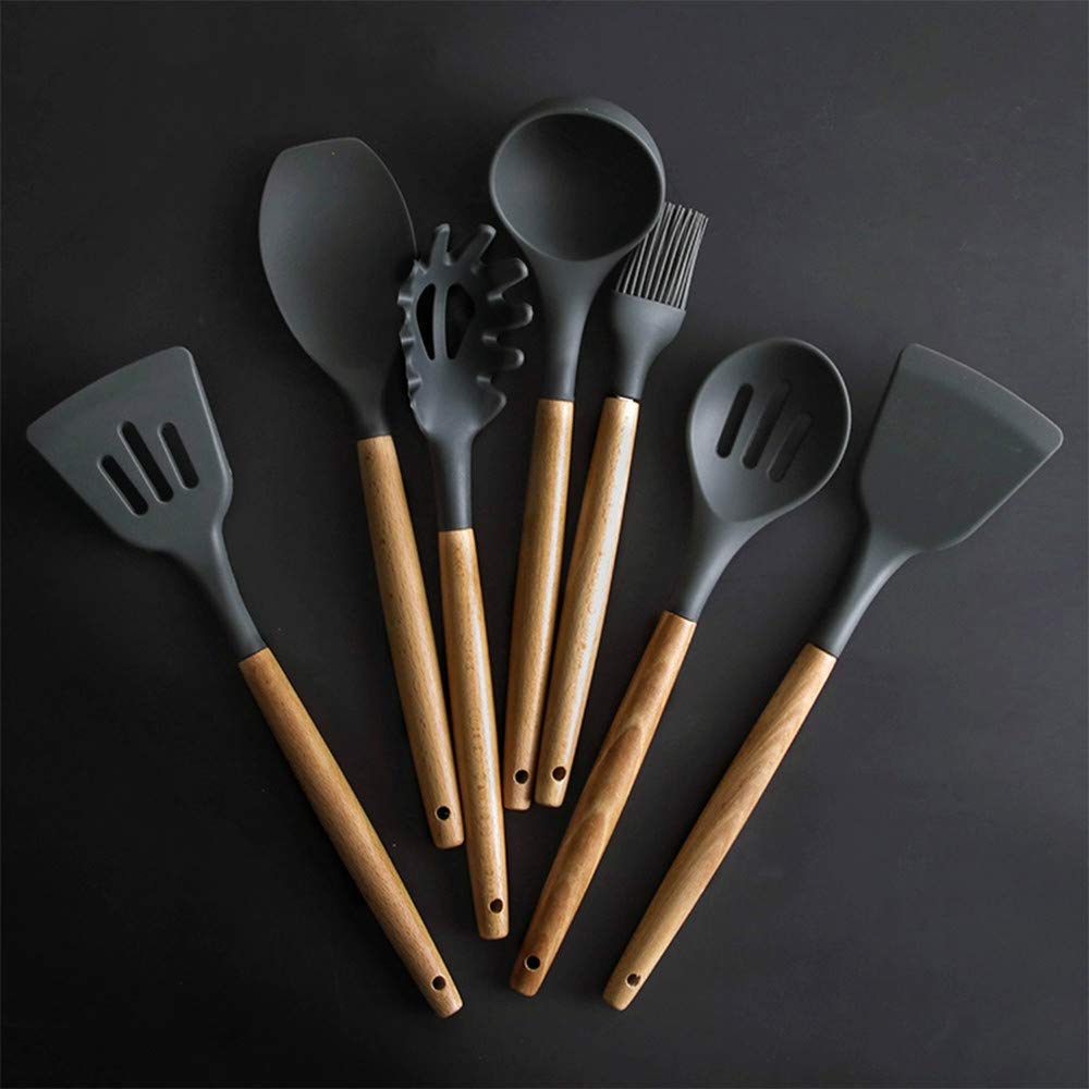 Wuqiang Soup Spoon Grande Manico in Legno Spatola Silicone Portatile Resistente al Calore Soup Spoon Antiaderente Speciale Cucina Pala Utensili da Cucina