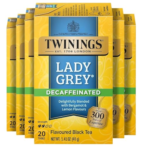 Twinings Decaffeinated Lady Grey Black Tea Individually Wrapped Bags, 20 Count (Pack of 6), Orange Peel &amp; Lemon Peel, Enjoy Hot or Iced, 120 Teabags