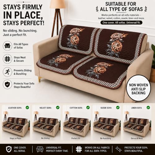 Image of Homerz 'Brooklyn Series' Premium Sofa Cover | Quilted Floral Design | Non-Slip Washable Sofa Protector | Soft Anti Slip Fabric (Ny Brown, 2 Seater, Seat Cover with Backrest)