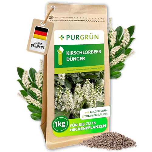 Purgrün Kirschlorbeer-Dünger 1 kg Organisch-mineralische Rezeptur Feinkörniges Krümelgranulat NPK 9+4+8 Extra Magnesium für leuchtend grüne Blätter Verbessert die Bodenqualität