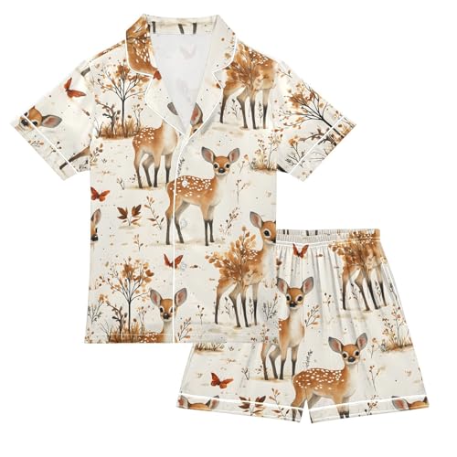 ALAZA Autumn Deer Leaf Butterfly Satin Pajamas Set Short Sleeve Button Down Sleepwear Summer Pjs 2 Piece