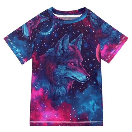 Boys Short Sleeve T-Shirts Galaxy Wolf Starry Sky Rashguard Kids Swim Shirts Sun UPF 50+