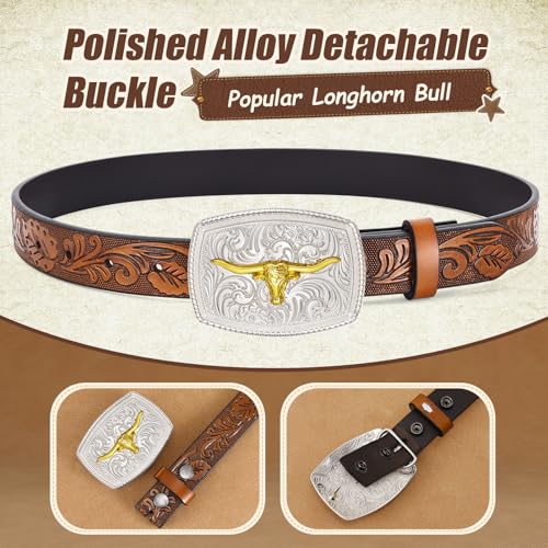 Boys Girls Western Belt with 2.4" Width Longhorn Bull Horse Buckle, Kids Cowboy Cowgirl Genuine Leather Belt3