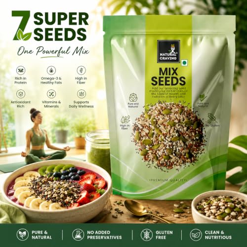 Image of Natural Craving 7 in 1 Super Seeds Mix 1kg | Sunflower, Pumpkin, Chia, Flax, Basil, Halim & Watermelon Seeds(Small Size) | Protein Rich Seeds for Eating | Omega-3, Fibre, Magnesium & Iron Rich Healthy Snack