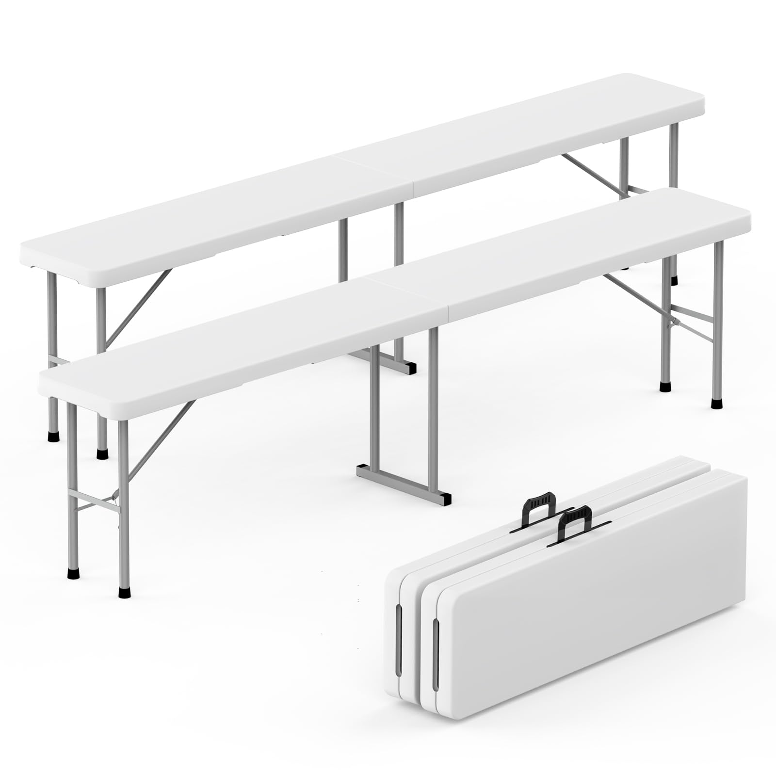 HLPB Folding Bench 6 ft, Foldable Plastic Bench with Handle and Smooth HDPE Tabletop, Protable in/Outdoor Picnic Party Camping Dining Seat, 2 Pack,