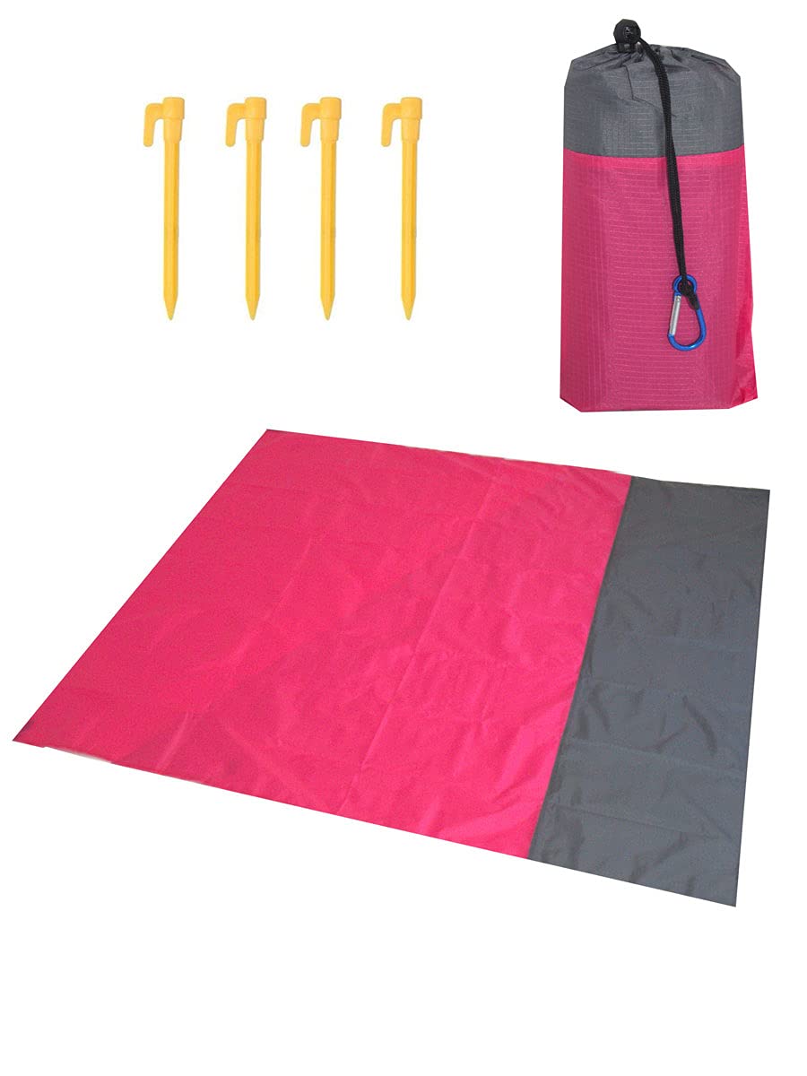 PBE Beach Blanket Picnic Blanket, Waterproof Sand proof Water Resistant Beach Mat with 4 Fixed Nails, Reinforced Edging for Beach, Camping, Hiking and Grass Trips (S - 145cm x 150cm, Pink/Grey) — image 1