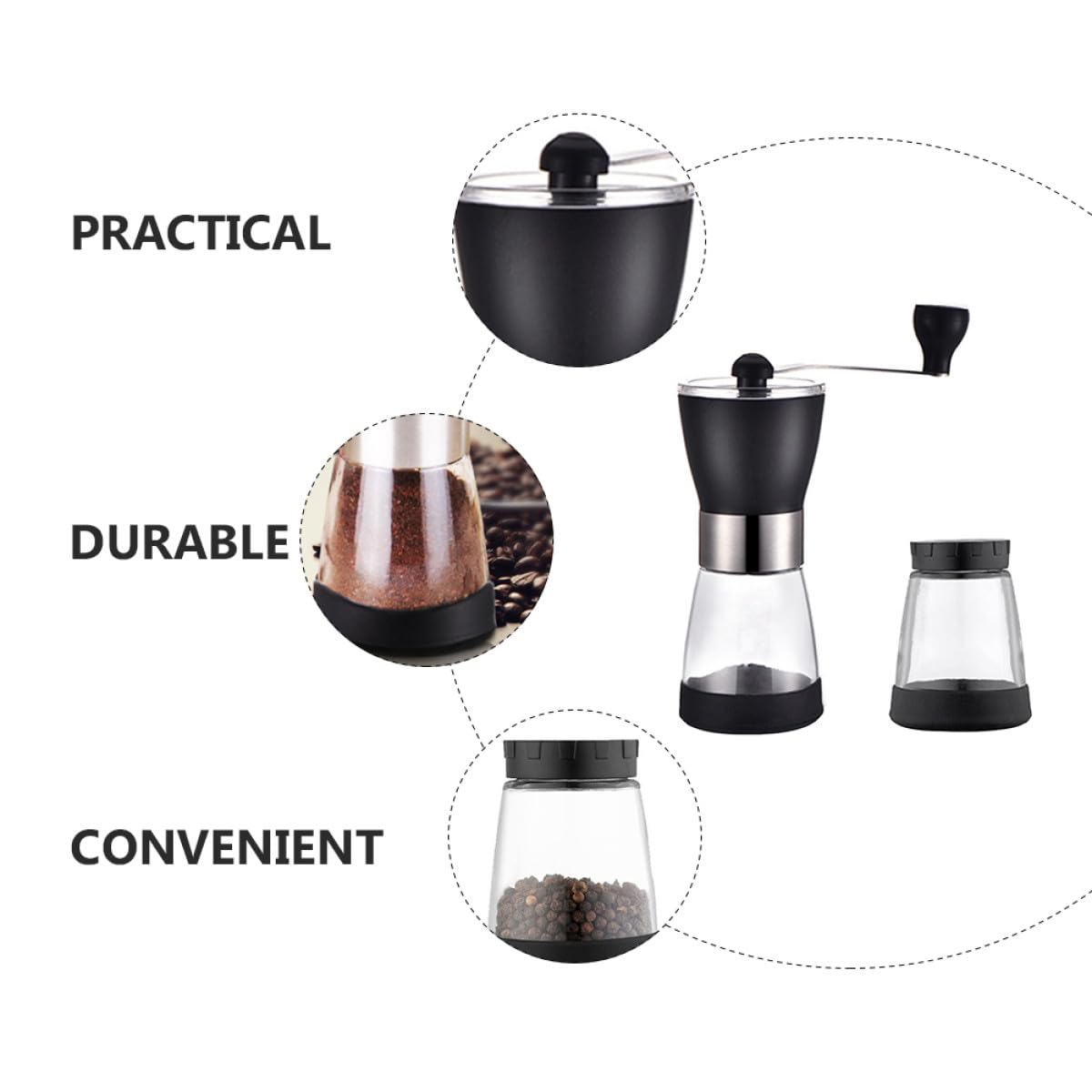 Molinillo de Café Manual Recipiente de Vidrio y Muelas Cerámicas, Silencioso y Ecológico, Adecuado para Granos Cocina o Viajes