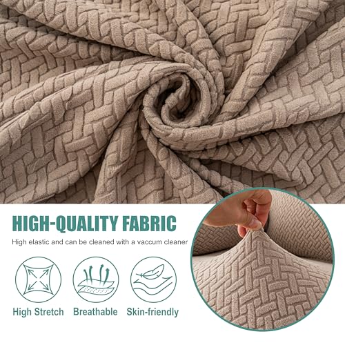 Image of Genina Recliner Loveseat Covers with Console, Stretch Reclining Sofa Covers, 2 Seater Couch Cushion Stripe Jacquard Recliner Slipcovers - Furniture Protector Covers for Pet Kid (Taupe)