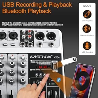 Professional 4-Channel DJ Audio Mixer, Bluetooth Sound Board with USB MP3 Input & 48V Phantom Power for Karaoke, Podcasting, Live Streaming & Home Recording