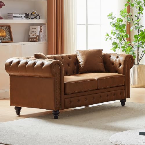 Image of Mid Century Modern Loveseat Sofa, 63.5 inchW Faux Leather Button Tufted Small Couch with Roll Armrest & Nailhead Trim, Comfy Upholstered Chesterfield Sofa for Living Room, Office(2 Seater, Brown)