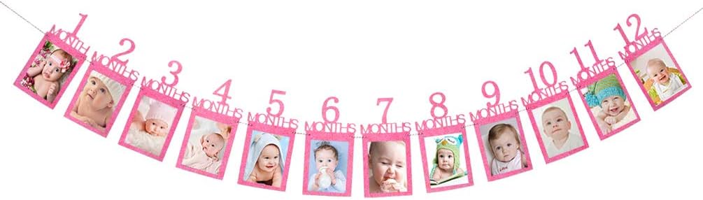 Baby First Birthday Banner, Pink Glitter Growth Record 1-12 Month Photo Props Baby Girl Party Decoration Supplies