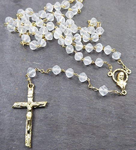R. Heaven Clear matte glass bicone rosary beads Our Lady center 6mm gold chain and cross