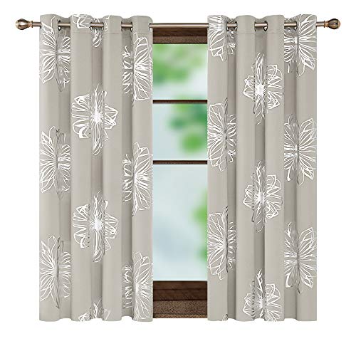 Image of Deconovo Blackout Curtains Foil Print Floral Thermal Insulated Drapes, Room Darkening Grommet Blackout Window Treatments for Living Room, Light Beige, 52*45 Inch, 2 Panels