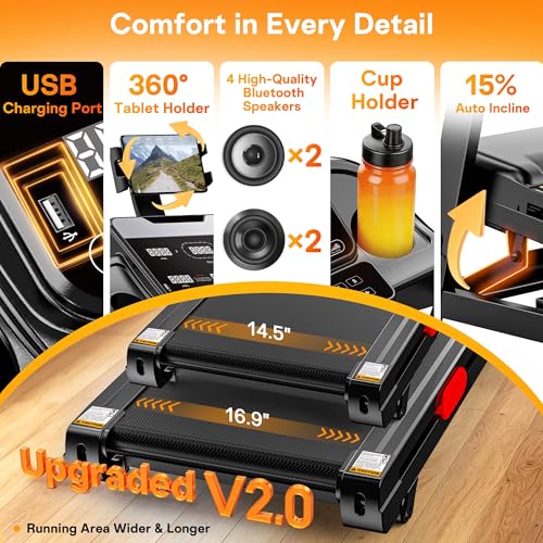 Image of Foldable Treadmill with 0-15% Auto Incline, 3.8 HP Folding for Home Running, 9.0 MPH Max Speed, 330 LBS Weight Capacity, Bluetooth Speakers & APP Connectivity