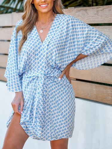 Image of CUPSHE Womens Vacation Mini Summer Dress V Neck Kimono Sleeve Belted Flowy Loose Resort Wear Casual Beach Cover Up Dress