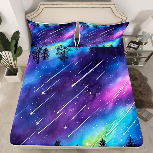 Homemissing Galaxy Bed Sheets Set Double Size Outer Space Sheet Set Universe Cloud Galaxy Glitter Shooting Star Print Tree Sheets with Deep Pocket Fitted Sheet Teens Decor Colorful Bedding Set Closure - Image 4