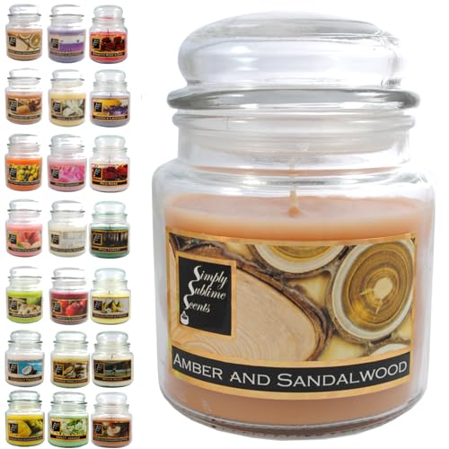 SIMPLY SUBLIME SCENTS - Luxury Scented Candle - Exceptional Fragrance Oil - Medium Glass Jar, Up to 76 Hours - Clever Wax Formula for a Clean & Even Burn - Amber and Sandalwood - Cotton Wick