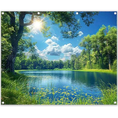 ZTHMOE Fabric 10x8ft Lake Natural Scenery Backdrop River Forest Tree