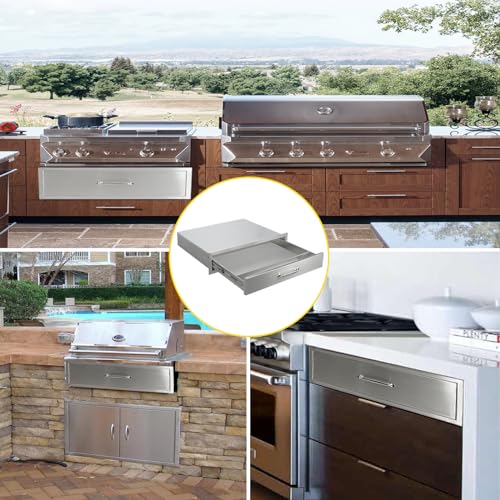 Image of Outdoor Kitchen Drawers 30 inch W x 6.5 inch H x 23 inch D Flush Mount BBQ Single Drawers with Divider,Built-in Stainless Steel Drawer with Chrome Handle for Outdoor Kitchen Island Patio Grill Station