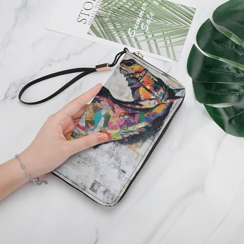 Horse Collage Newspaper Graffiti PU Leather Clutch Long Bifold Wallet, Coin Purse Credit Pass Case, Durable Card-Holder Money Storage for Women Men4