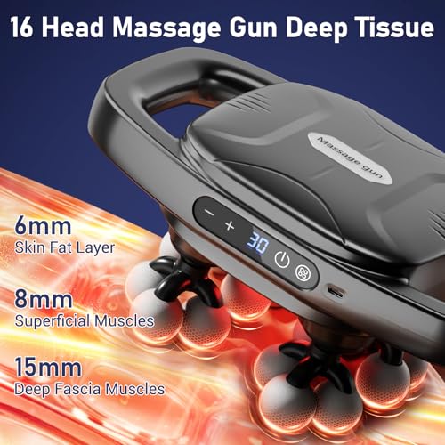 Image of 16 Head Massage Gun Deep Tissue, Handheld Back Massagers, Quiet Multi 16 Head Massage Gun for Shoulders, Neck, Legs, Portable Muscle Gun, Pain Relief, 3 Modes & 30 Intensities- Gifts for Men Women