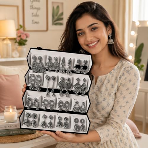 Image of Oxidized Designer Stud Earrings Set of 16 with Folding Jewelry Box | Traditional & Modern Earring Set for Women & Girls