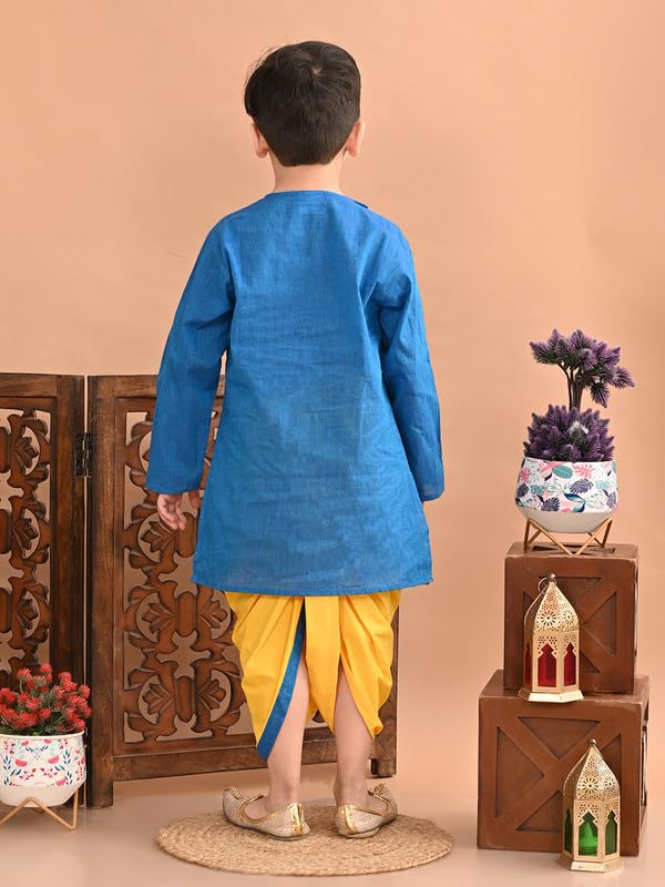 Image of superminis Baby Boy's Handloom Cotton Kurta With Embroidery Around The Neck And Contrast Color Dhoti Clothing Set
