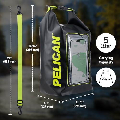 Image of Pelican Marine IP68 Waterproof Dry Bag 5L w /Phone Pouch /Case - Black /Yellow | Roll Top Waterproof Backpack with Touchscreen Phone Pouch - Swimming, Kayaking, Camping, Rafting, Fishing & Travel Essentials