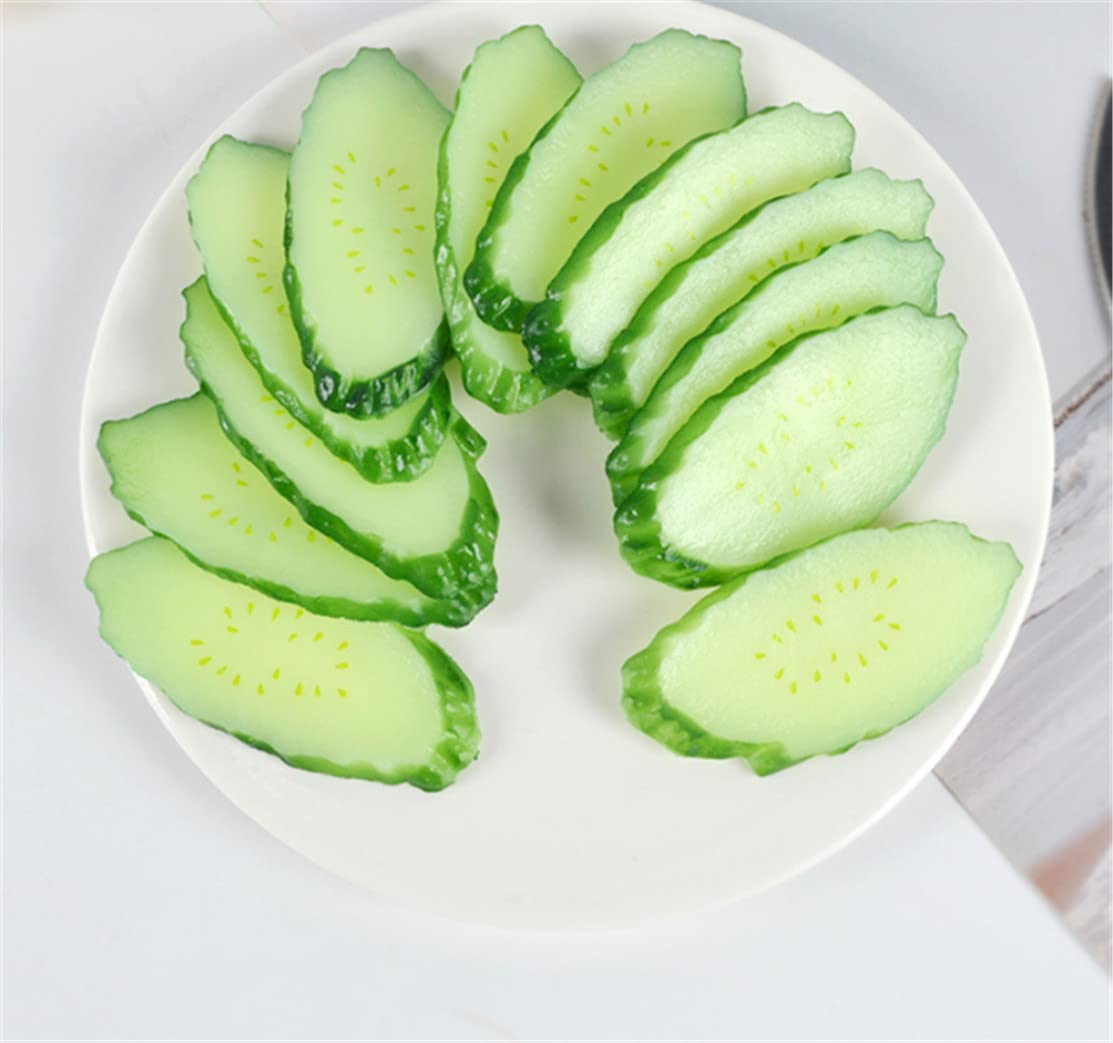 Skyseen A 10 Pcs Rtificial Lifelike Green Cucumber Slice Fake Vegetable Slices Decoration