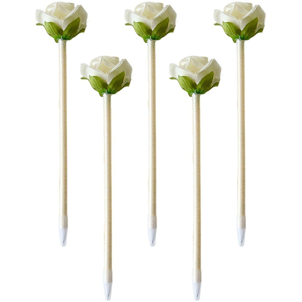 Stakee Girls White 5Pcs Rose Ballpoint Pen Set, Novelty Rose Flower Pens Writing Ballpoint Pens Stationery Pen Fun Pens For Students Office School Supplies
