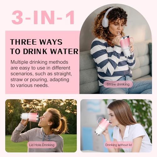 Image of 30 oz Tumbler with Handle, Stainless Steel Insulated Tumbler with Lid and Straw, Double Wall Vacuum Insulated Coffee Mug Tumbler, Insulated Coffee Thermal Cup for Cold and Hot (Pink White)