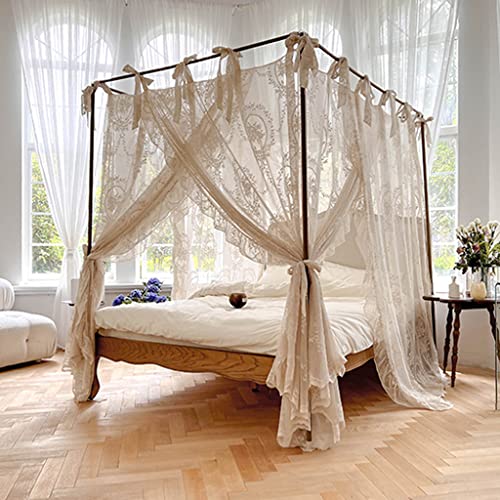 Ciel de lit princesse en dentelle, moustiquaire à 4 poteaux d'angle avec 3 ouvertures pour lit double, rideau romantique pour chambre à coucher, Bei Blanc