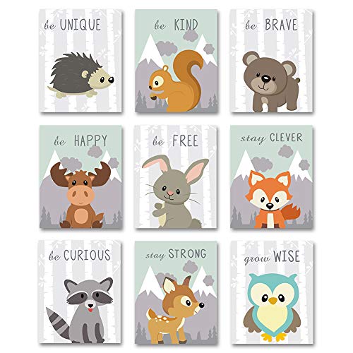 Image of Unframed Woodland Animals Art Print Adorable Fox Owl Racoon Deer Hedgehog Squirrel Bear Rabbit Raccoon Wall Art Painting,Set of 9(8’’x10’’) Canvas Cartoon Inspirational Picture for Kids Room Decor