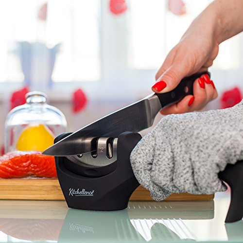 2-in-1 Kitchen Knife Accessories: 3-Stage Knife Sharpener Helps Repair, Restore and Polish Blades and Cut-Resistant Glove