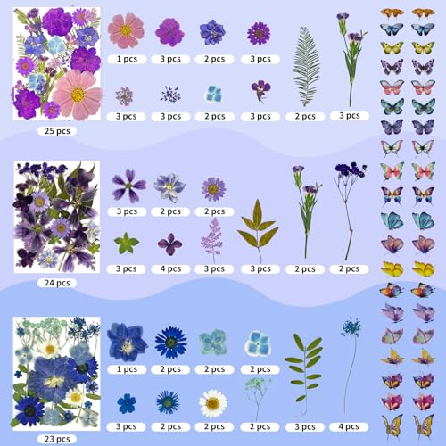 Image of 303Pcs Dried Pressed Flowers for Crafts, Dried Pressed Flowers for Resin, Natural Dried Flowers Kit with 80pcs Butterfly Stickers for DIY Resin Molds, Candles, Photo Frames, Jewelry Making, Art Crafts