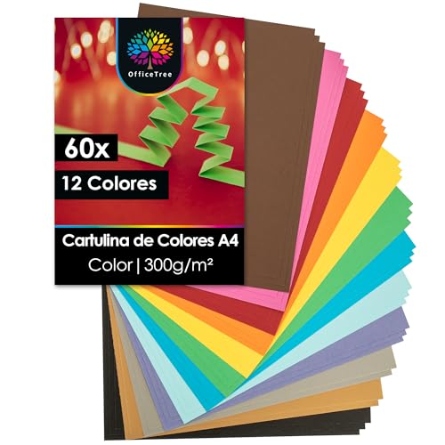 OfficeTree Cartulinas de Colores A4 300g - 12 Colores para Manualidades e Imprimir - 60 Folios Variados - Coloured Card